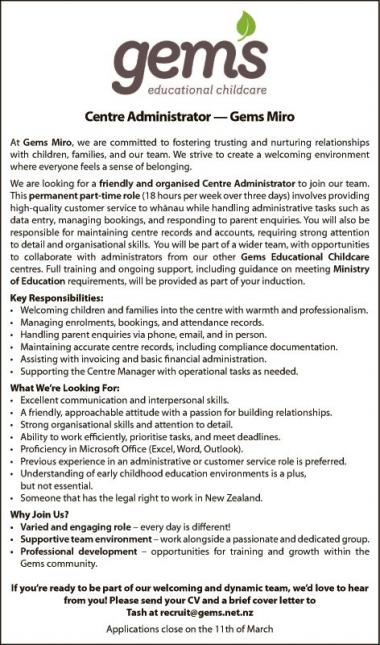 Centre Administrator — Gems Miro in Otago