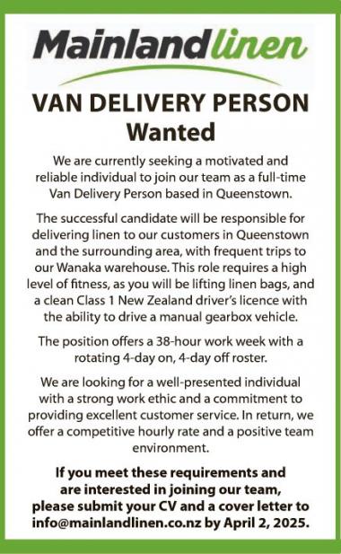 Van Delivery Person Wanted in Otago