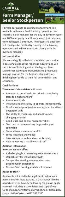 Farm Manager/Senior Stockperson