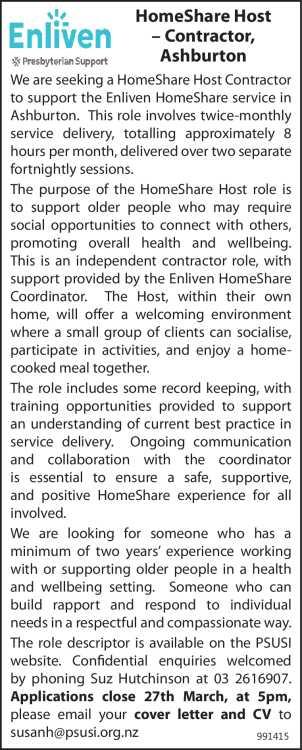 HomeShare Host - Contractor,  Ashburton
