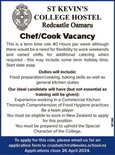 Chef/Cook Vacancy in Otago