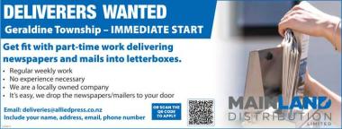 DELIVERERS WANTED IN GERALDINE