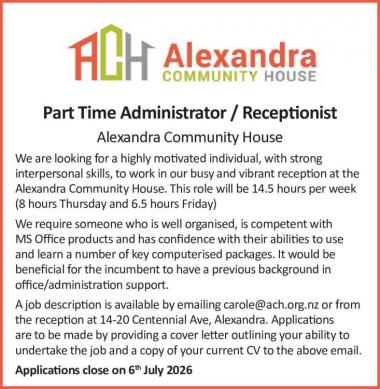 Part Time Administrator/Receptionist in Otago