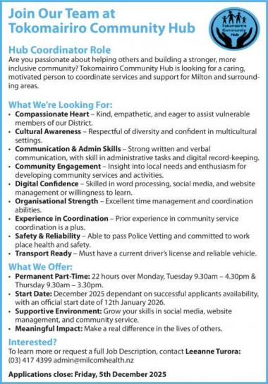 Join Our Team at Tokomairiro Community Hub