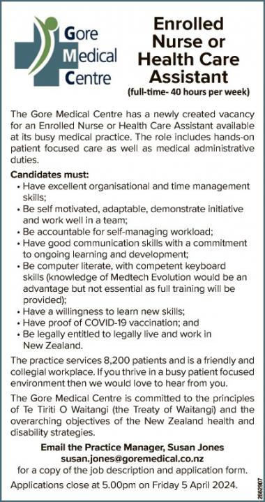 Enrolled Nurse or Health Care Assistant