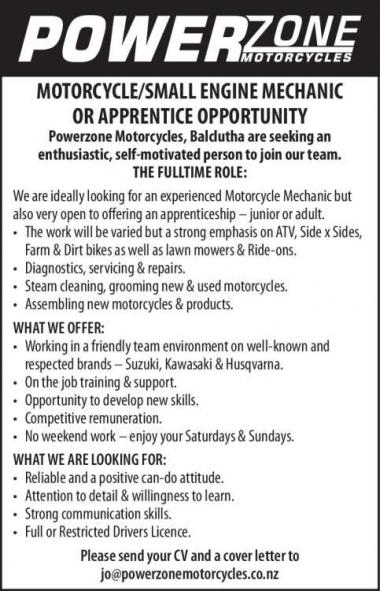 MOTORCYCLE/SMALL ENGINE MECHANIC OR in Otago