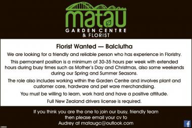 Florist Wanted — Balclutha