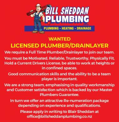 WANTED LICENSED PLUMBER/DRAINLAYER