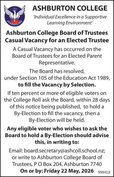 Ashburton College Board of Trustees in Canterbury