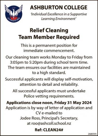 Relief Cleaning Team Member Required