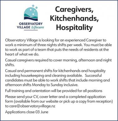 Caregivers, Kitchenhands, Hospitality