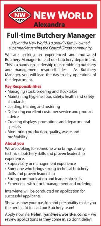 Full-time Butchery Manager in Otago