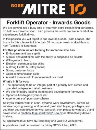 Forklift Operator - Inwards Goods in Southland