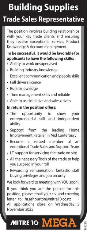Building Supplies Trade Sales Representative in Canterbury