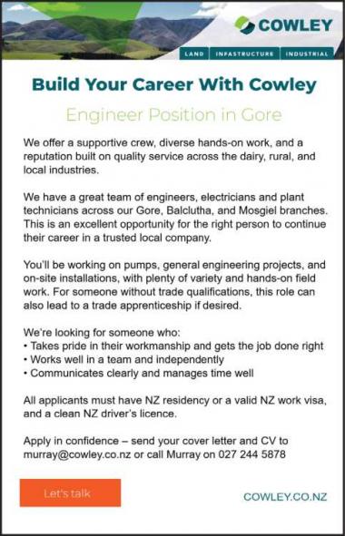 Engineer Position In Gore in Southland