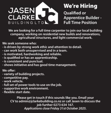We’re Hiring Qualified or Apprentice Builder - in Southland