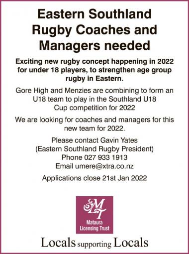 Rugby Coaches and Managers needed