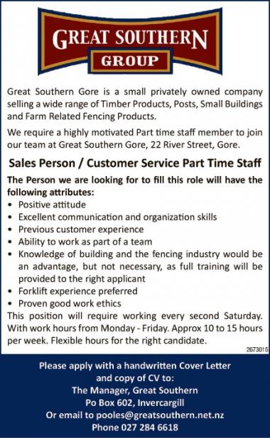 Sales Person/Customer Service Part Time Staff in Southland