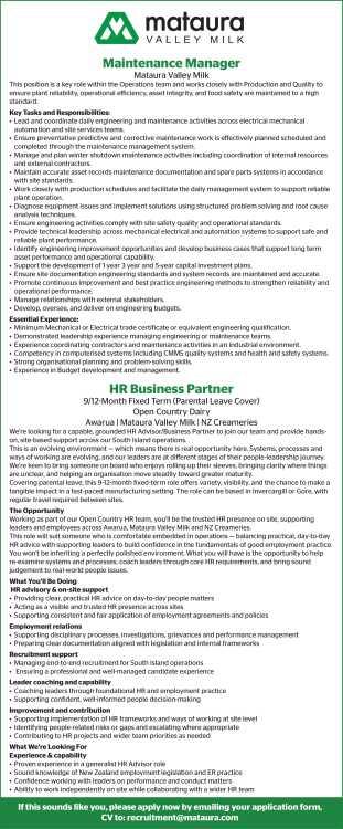 Mataura Valley Milk Vacancies