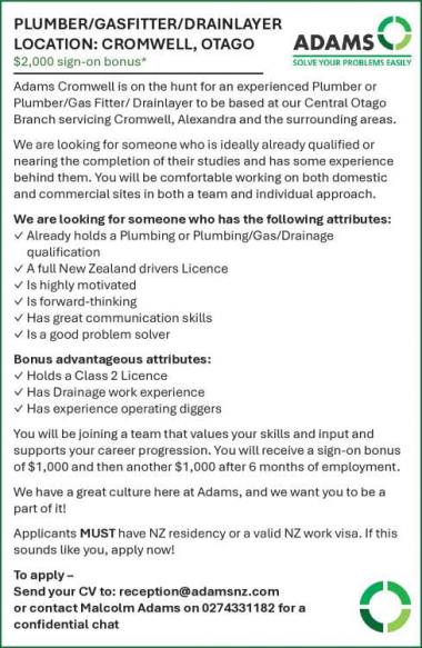 PLUMBER/GASFITTER/DRAINLAYER