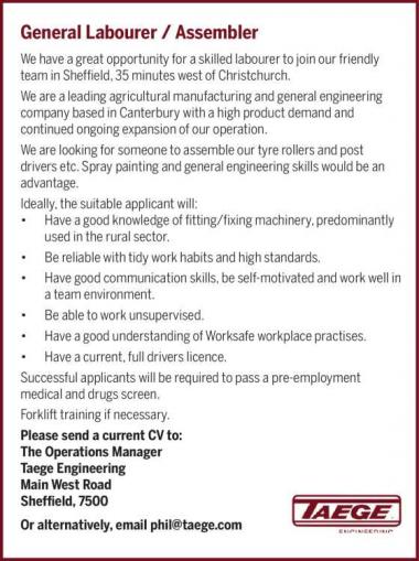General Labourer/Assembler in Canterbury