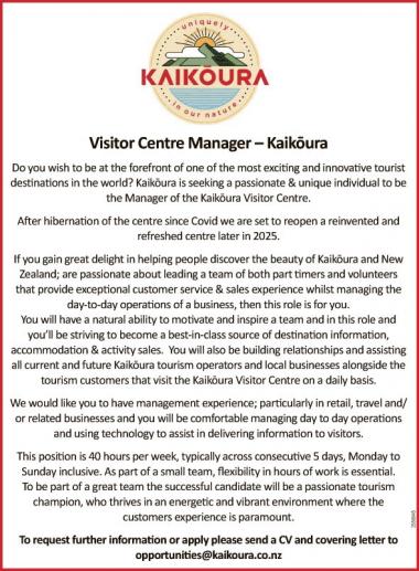 Visitor Centre Manager – Kaikoura in Canterbury