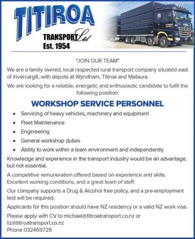 WORKSHOP SERVICE PERSONNEL