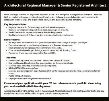 Architectural Regional Manager & in Otago