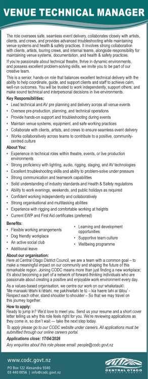 VENUE TECHNICAL MANAGER in Otago