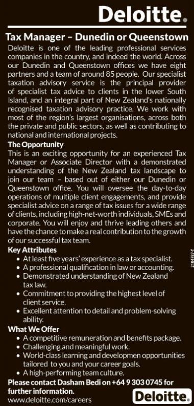 Tax Manager – Dunedin or Queenstown