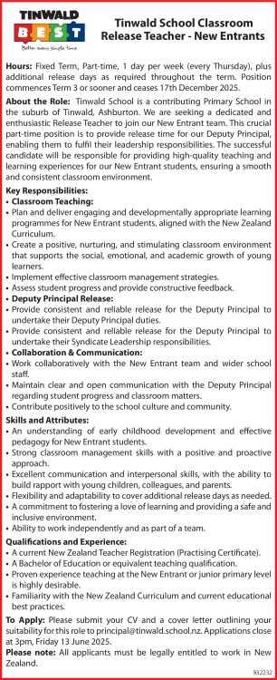 Tinwald School Classroom Release Teacher