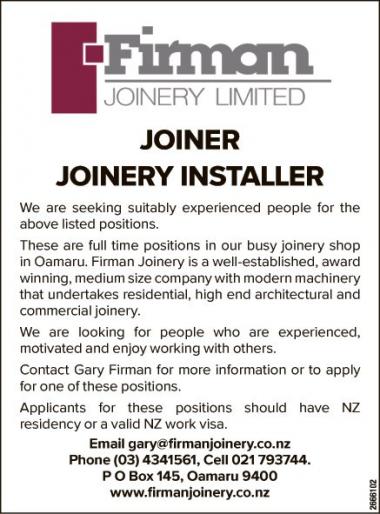 JOINER/JOINERY INSTALLER in Otago