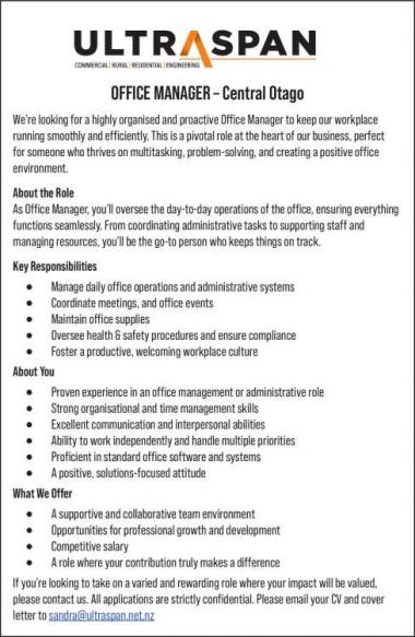OFFICE MANAGER – Central Otago