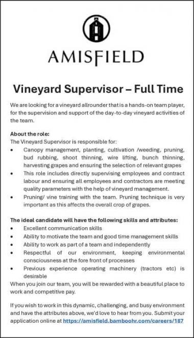 Vineyard Supervisor – Full Time