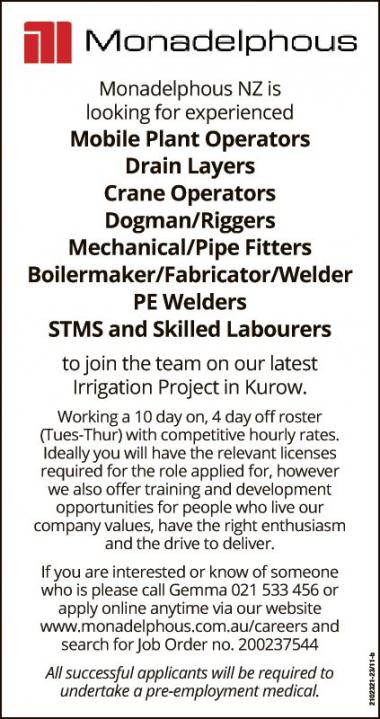 Monadelphous NZ is looking for experienced
