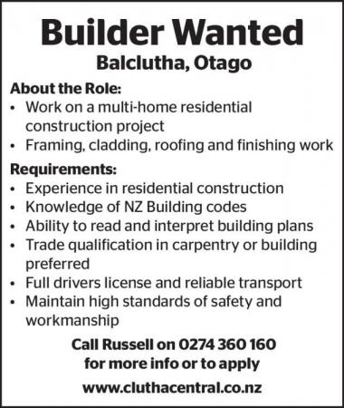 Builder Wanted in Otago